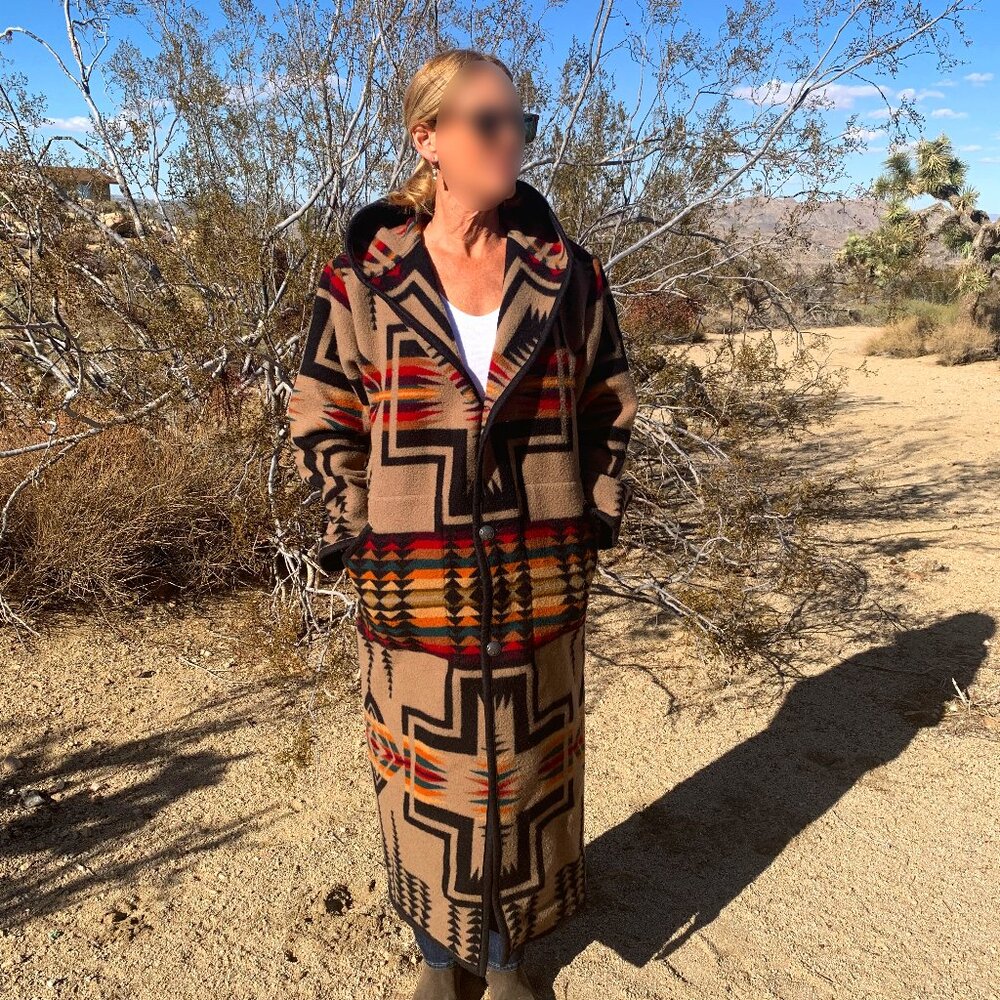 Justin Kraff Reversible Long Wool Coat, Pendleton “Harding” pattern black/tan